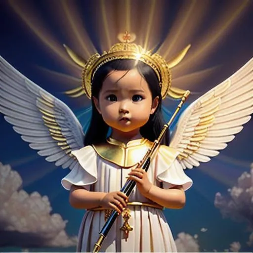 Prompt: {center shot} 3D, HD, Holy, Vietnamse, Dreamy, Serene, Cute!!!!({Biblical Angel}Toddler!!! as Flutist) {facing camera} dressed in {Silk Angel outfit}, Expansive Cloudy Heavenly background, ultra-detailed, backlit, shadows, ultra-sharp focus, detail, ominous, symmetrical, golden ratio, intricate, cinematic character render, unreal engine 5, 64K --s98500
