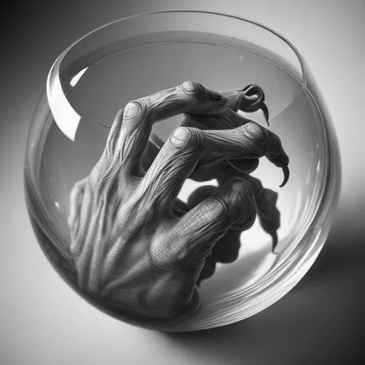 Prompt: oddity specimen in a glass, M.C. Escher, pencil drawing, detailed, fingers from every angle, twisted hands, chaos, knuckles, tendons, extra fingers, creepy