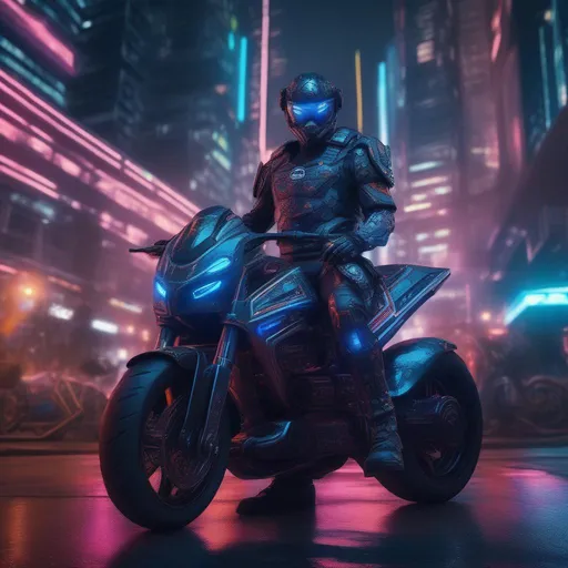 Prompt: A ultra realistic menacing futuristic psychedelic cop at night in a futuristic São Paulo, very complex build, very detailed uniform adorned with glowing cyber runes, big boots, big weapon, futuristic bike close by. realistic photography