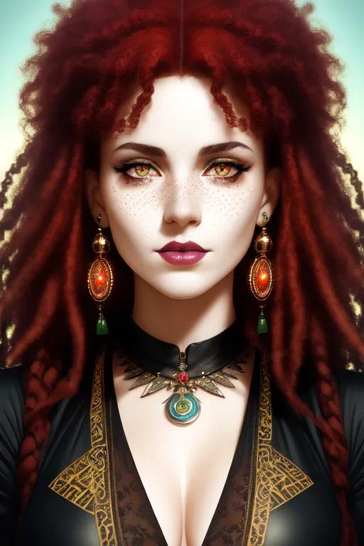 Prompt: A beautiful woman goth, wearing a short torn skirt red hair, glowing eyes, symmetrical face, freckles  messy afro hair,symmetrical brown face, slight freckles on face and slight imperfections on skin. Bright eyes with highlights . professional lighting, highly detailed art by greg rutkowski and alphonse mucha slightly open sensual mouth, rasta vibes, wearing