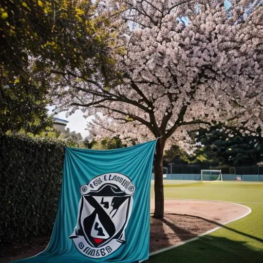Prompt: Turquoise and black flag of a soccer club with a cherrytree in it. 