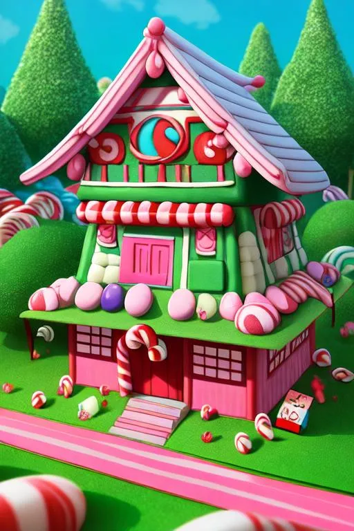 Prompt: candy house made of candy, anime, by studio ghibli, japanese cottage, candy canes, gummies, cotton candy, gingerbread, cartoon, smooth,  physically based rendering, forest background