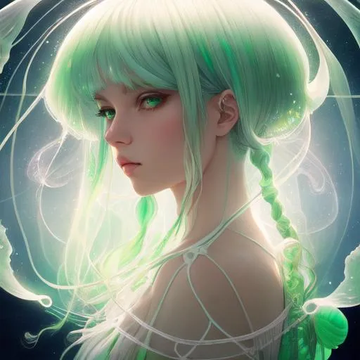 Prompt: a jellyfish girl with symmetrically white and green hair, perfect composition, hyperrealistic, super detailed, 8k, high quality, trending art, trending on artstation, sharp focus, studio photo, intricate details, highly detailed, by greg rutkowski, illustration, watercolor