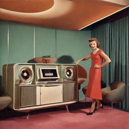 Prompt: 1950s midcentury modern retro-futuristic Hi-Fi console with 1950s woman standing next to it