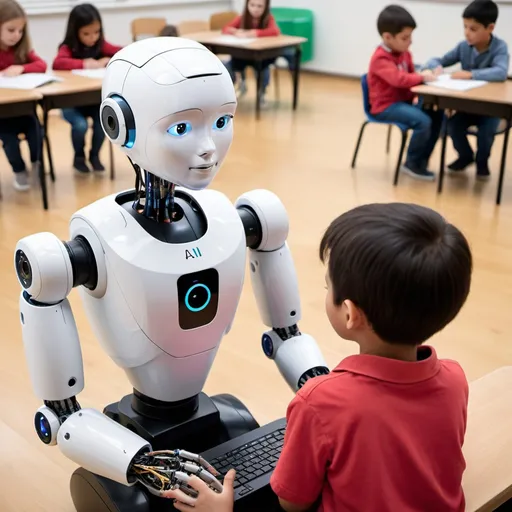 Prompt: AI Teachers and Robots of the future. Teaching children. 