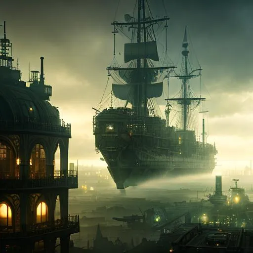 Prompt: A steampunk airship in a moody, misty cityscape with a lush green palette and a gritty, industrial look, highly detailed, realistic, atmospheric, immersive, 8k