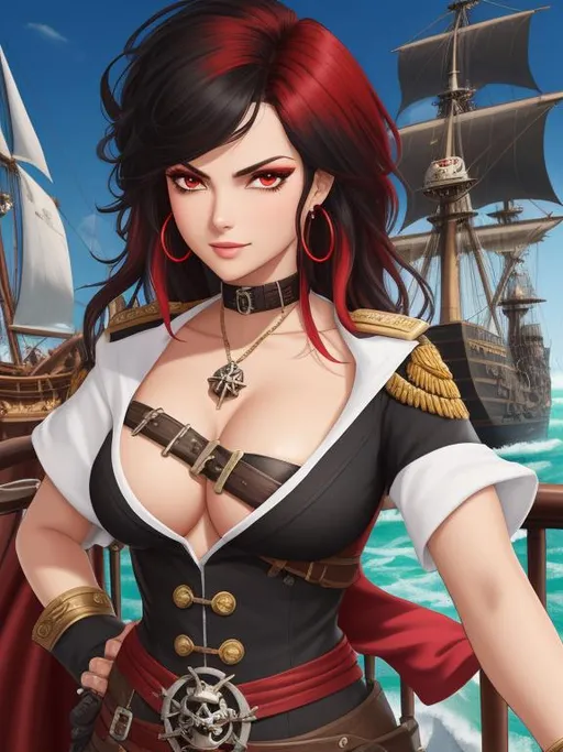 Prompt: ombre red-black hair, pirate captain, girl, fantasy, daunting, intimidating, serious, cruel, mole under eye, docked galleon ship in background, bodacious, mole on body, fullbody, ((full body)) {{good looking}} {{cute}} {{good body}} {{tight}}, symmetrically colored hair, {{shadows}},

