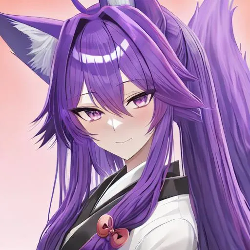 Prompt: male kitsune, long blue hair, purple eyes, fox ears downcast, playful look, portrait, semi-formal montsuki