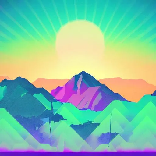 Prompt: Vaporwave image, bright colours, sunset, mountains,