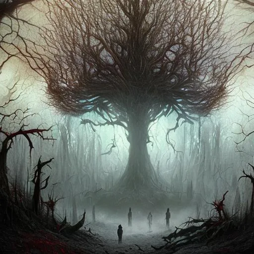 Prompt: THE ZOMBIE-TREE IN A MISTY HAUNTED FOREST , 80’s horror, concept art by Nekro XIII, Dan Mumford, Dan Seagrave, chadkeithhelsinki, Peter Mohrbacher, psychedelic black light, black blue and red color tomes, epic composition, horror, morbid, terrifying, horrifying , 4K,