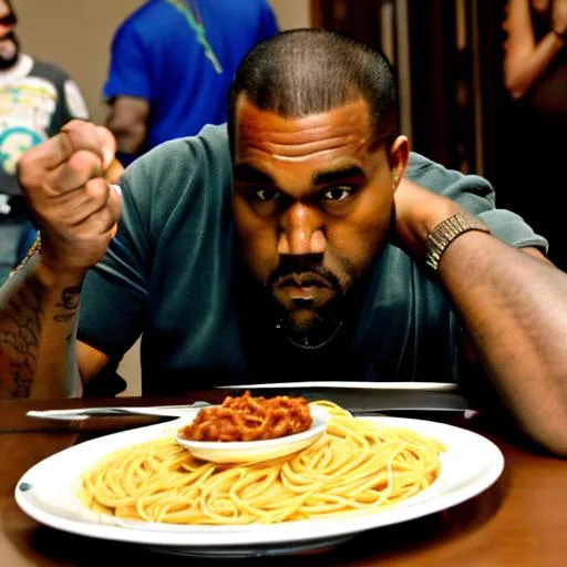 Prompt: Kanye west eating spaghetti 