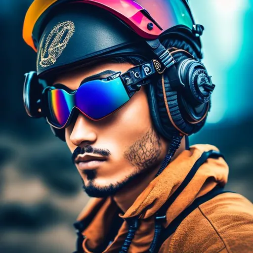 Prompt: a photograph of a man with colored hair and goggles on his face, highly detailed, 8k, perfect body, perfect skin, dark wasteland background
