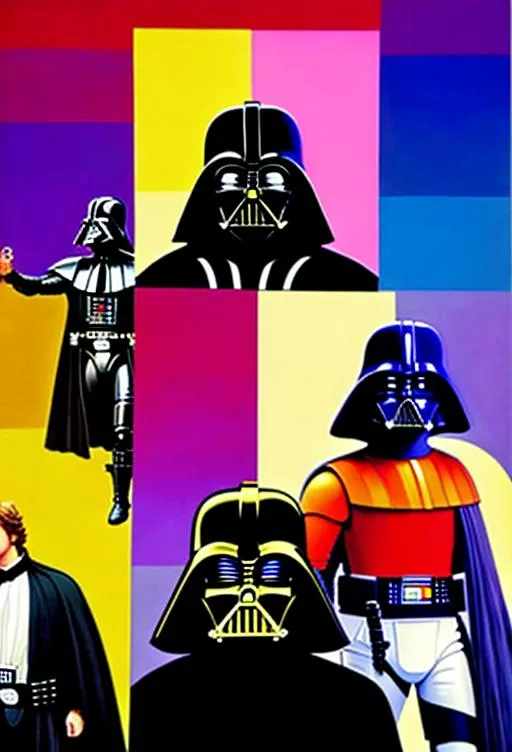 Prompt: Darth Vader and Luke Skywalker in the fashion of Michael Angelo's Sistine chapel ceiling, triadic colors, photorealistic, the golden ratio, Andy Warhol, Jean Jaques Basquiat, backlit, Fibonacci sequence