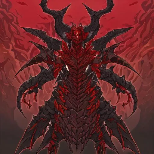 Prompt: Reptilian humanoid. Dark red and black scales. 4 metal arms. 
 7 horns. Male. No wings. Head that looks almost like a dragons.