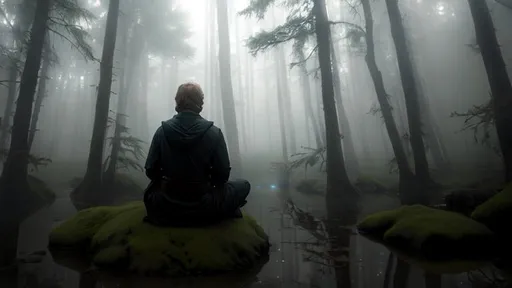 Prompt: Mysterious Luke Skywalker meditating in misty swamp, serene, ethereal, otherworldly, mystical, face away from the viewer, deep, realistic, intricate details