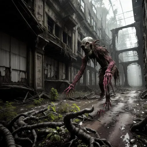 Prompt: humanoid ghoul creature, eerie mutant, decaying, rotten skin, ragged clothes, dirt, multilayered,, old apocalyptic city wasteland overgrown by oppressive huge forest, vines, plants and roots growing, cracking through walls, 3d render,  high detail,