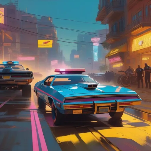 Prompt: Cyberpunk 2077, car chase, cops, cartoony, sunny atmosphere, extremely detailed painting by Greg Rutkowski and by Henry Justice Ford and by Steve Henderson