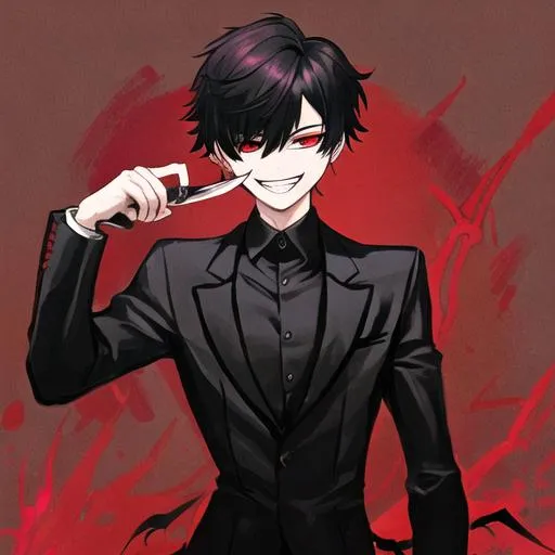 Prompt: Damien (male, short black hair, red eyes) grinning seductively, holding a knife