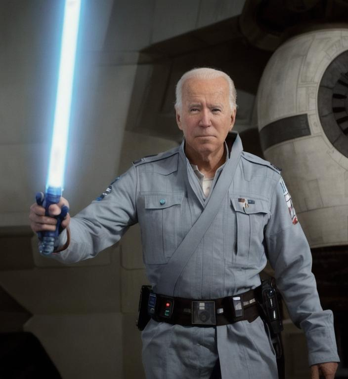 joe biden holding a blue lightsaber from star wars.... | OpenArt