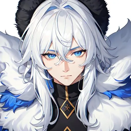 Prompt: Male, 8k, UHD,  highly detailed, white hair, blue eyes, wearing a fluffy giant jacket and a ushanka