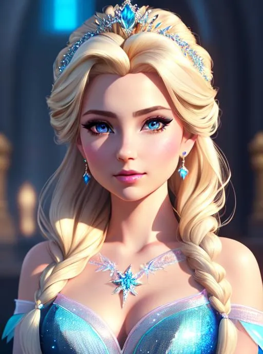 Prompt: highly detailed portrait of a pretty princess elsa, looking at the camera, blonde hairs, eyeliner makeup, cleavage, blue crop top, full length, ultra-realistic soft sun lighting, Redshift Render, uhd, 8k, artstation, illustration, teenager, in style of greg rutkowski, hyper detailed, beautiful eyes,