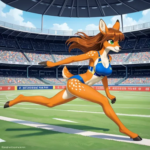 Prompt: ultra-detailed, best_quality, (cute, slim, and alluring anthropomorphic female deer girl track star), detailed smiling and expressive facial features, dynamically posed running in a track meet around a track in a stadium,  wearing track outfi, has ear piercings