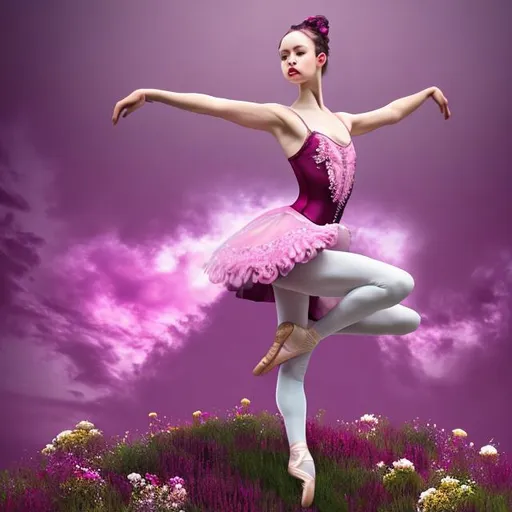 Prompt: ballerina on a hill with flowers dressed in flowing magenta and has magenta hair flowing