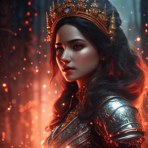 Prompt: fictional female with crown in head and red glowing eyes , extremely detailed environment, detailed background, intricate, detailed skin, natural colors , professionally color graded, photorealism, 8k, moody lighting