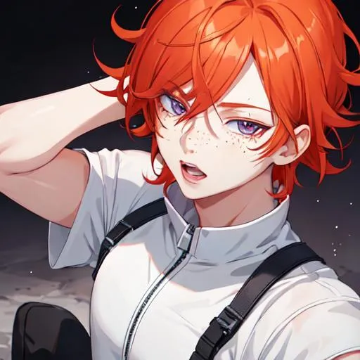 Prompt: Erikku male adult (short ginger hair, freckles, right eye blue left eye purple) UHD, 8K, Highly detailed, insane detail, best quality, high quality,  anime style, biker 