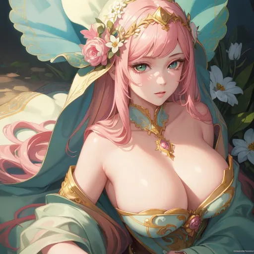 Prompt: Masterpiece, illustration, best quality:1.2), 1girl, solo, pink hair, dignfied, finely detailed, detailed face, toned face, beautiful detailed eyes, beautiful detailed shading, beautifully detailed background, green eyes, flowers everywhere, flower inspired,
