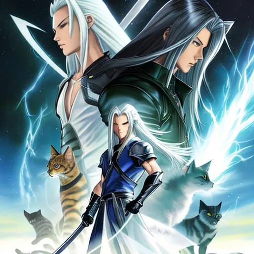 Prompt: Animorphs book cover featuring Sephiroth from Final Fantasy morphing into a cat