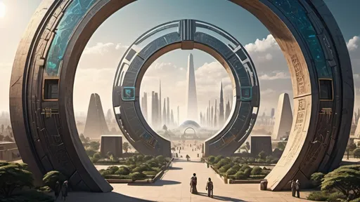 Prompt: human-scale circular portal, gateway between cities realms worlds kingdoms, ring standing on edge, freestanding ring, hieroglyphs on ring, complete ring, obelisks, pyramids, futuristic towers, garden plaza, large wide-open city plaza, wide vista view, futuristic cyberpunk dystopian setting