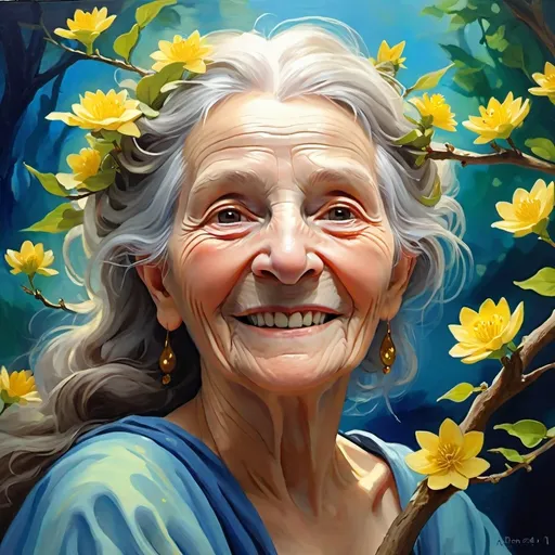 Prompt: An oil painting with broad strokes style ,close up, fairy-like, create a majestic and magic old woman's relaxed face smiling from a fairy tale with fantasy tree brown branches instead of hair, she has little yellow flowers and green leaves, she has a skin made of white porcelain, her eyes are hazel glow. background is in a deep blue water with ethereal light, sunrays from the top