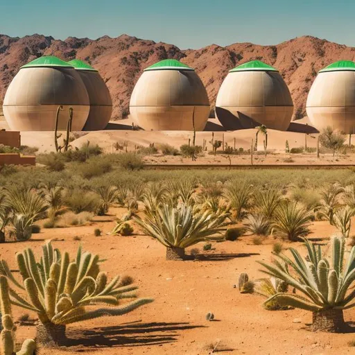 Prompt: Desert farming with frenal lenses, parabolic trough, green power water aqueduct, double pot cooling towers, sunny, arid landscape, sustainable agriculture, futuristic technology, highres, detailed, professional, sunny, arid landscape, futuristic technology, sustainability, climate control, bright and sunny, professional, detailed