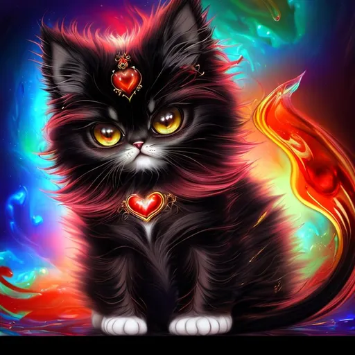 Prompt: surreal puffy liquid red gold silver jade (Beautiful {Furry!!! Persian}kitten plasma, Beautiful big {heart-shaped}reflective eyes, long flowing hair), hyper realistic, expansive psychedelic background, hyper realistic, 64K --s99500