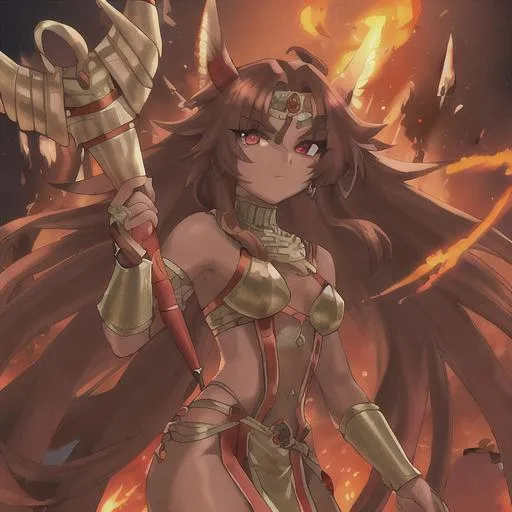 Prompt: Caramel Skinned, Red Eyes, Brown Hair, Spikey Long Hair, Egyptian Warrior, Female, Fire