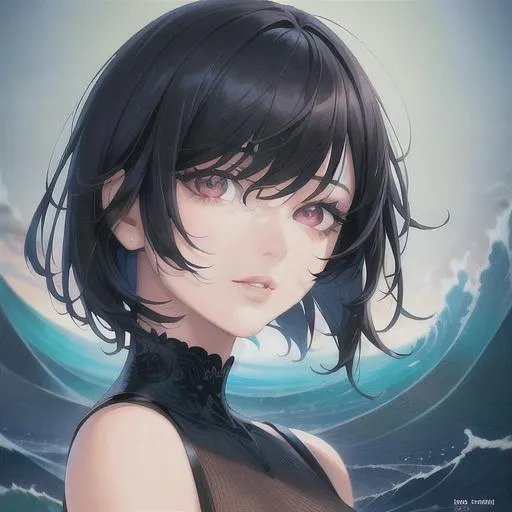 Prompt: (masterpiece, illustration, best quality:1.2), head titled sideways, floatingin the ocean, short trimmed black hair, black eyes, best quality face, best quality, best quality skin, best quality eyes, best quality lips, ultra-detailed eyes, ultra-detailed hair, ultra-detailed, illustration, colorful, soft glow, 1 girl