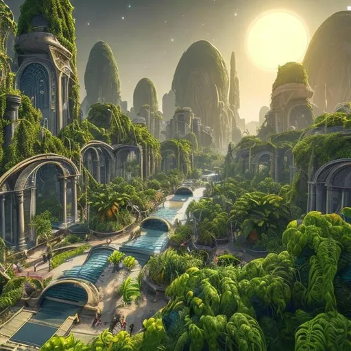 Prompt: a city overrun with houseplants, alternate reality, another planet with moons and planets in the distance, ultra realistic, fine detail, ancient alien city. Folaige and vines unique to another world unlike earth, bright beautiful skies
