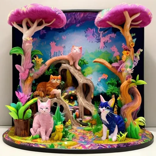 Prompt: Lisa frank style of cat forest diorama