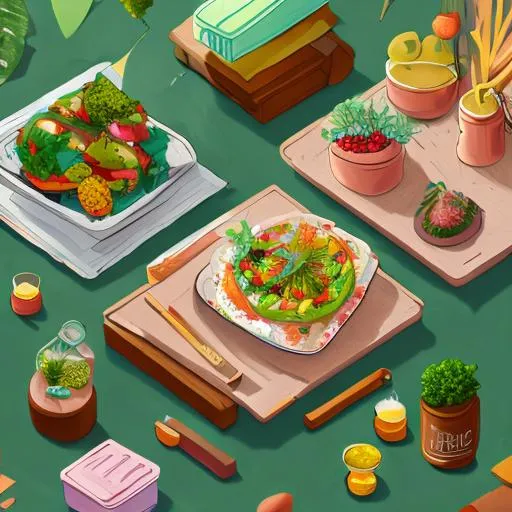 Prompt: a detailed lunch on the table while relaxing at work in a bright and clean workspace, in plants environment, cute isometric art, bright, trending on artstation, 4k, highly detailed, rendered in blender + cinema4d