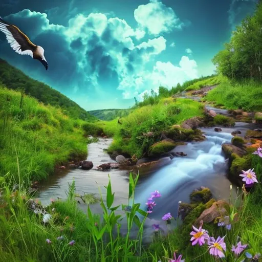 Prompt: Green, nature, heal, plant, sky, clouds, river, water fall, bird, animal, grass, flowers, deer,