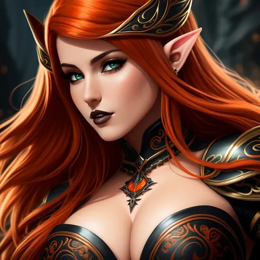 Prompt: A hyper realistic detailed character poster ((full body)) image of a half-elf masked ((sexy woman)),  with ((sexy clothes)) with ((dark orange hair)) a gothic dress, jewelry set, balayage wild hair, highly detailed, digital painting, Trending on artstation, HD quality, ((by Prywinko)), ((very huge breast)), ((sexy)), high heels