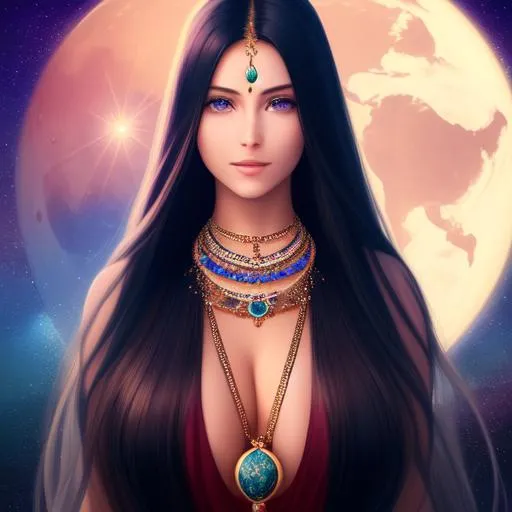 Prompt: A stunningly beautiful woman, her body representing the planet Earth, with each of the continents seamlessly woven into her skin. She wears a necklace with a small pendant of the moon, which hangs delicately around her neck. Her long hair flows like rivers and streams, and her eyes twinkle like the stars in the night sky.