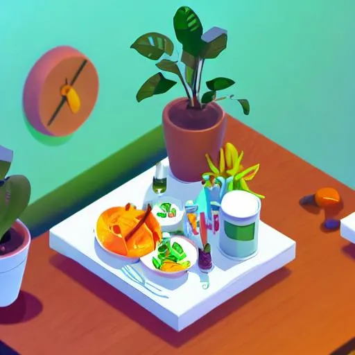 Prompt: a detailed lunch on the table while relaxing at work in a bright and clean workspace, in plants environment, cute isometric art, bright, trending on artstation, 4k, rendered in blender + cinema4d