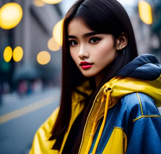Prompt: perfect Girl , italian nose, heart-shaped lips, perfect chiseled face, long brown hair styled to the side, oval face, weight 53 kg, height 168 cm, 17 years old close-up rear view mid-length, body perfect,cyborg, robot girl wearing yellow rain jacket and denim shorts in a cyber punk city, hyper realistic details, cinematic lighting, 3d, 8k