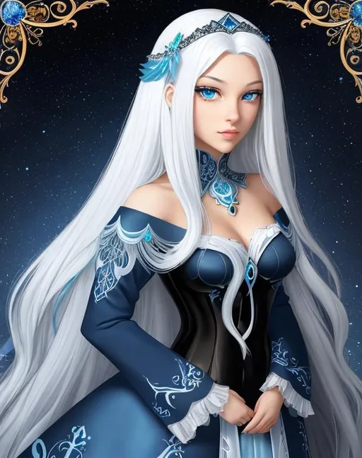 Prompt: A beautiful young 15 year old ((British)) Water elemental princess with light skin and a beautiful face. She has long white hair and white eyebrows. She wears a beautiful slim dark blue dress. She has brightly glowing dark blue eyes and water droplets shaped pupils. She wears a blue tiara. She has a blue aura around her. Beautiful self portrait art. Full body art. {{{{high quality art}}}} ((goddess)). Illustration. Concept art. Symmetrical face. Digital. Perfectly drawn. A cool background. Front view