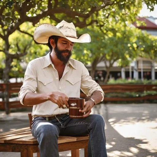 Prompt: Young man with cowboy hat seating on a wooden rocking chair sipping scotch under a tree in orchard