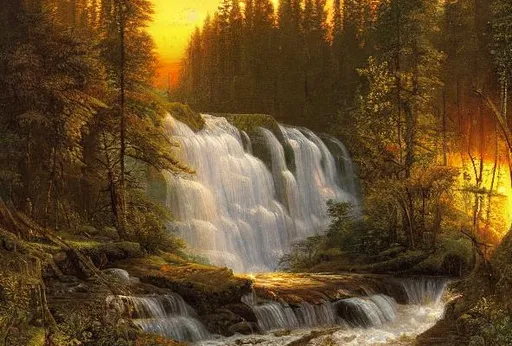 Prompt: Waterfall, sunset, beautiful artwork by ivan shishkin