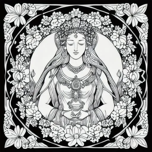 Prompt: Black and white coloring page of a goddess surrounded by flowers