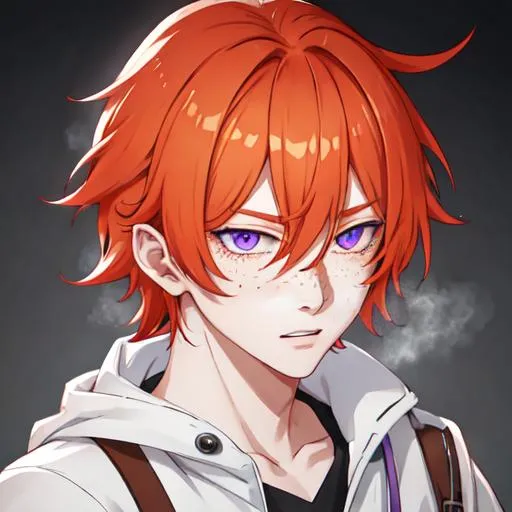 Prompt: Erikku male adult (short ginger hair, freckles, right eye blue left eye purple) UHD, 8K, Highly detailed, insane detail, best quality, high quality,  anime style